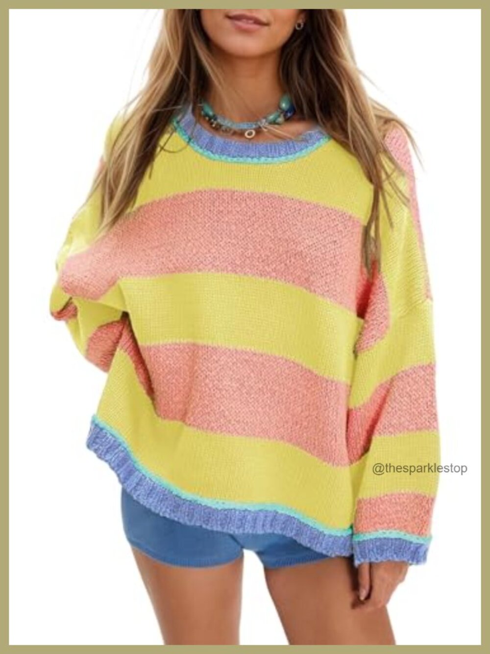 Oversized Striped Chunky Knit Crewneck Sweater Cotton Blend Pullover